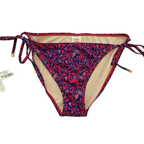 Lark & Ro Women's String Bikini BOTTOM - Paisley Navy Pink - Gold Cap - Sz Large - Picture 2 of 4